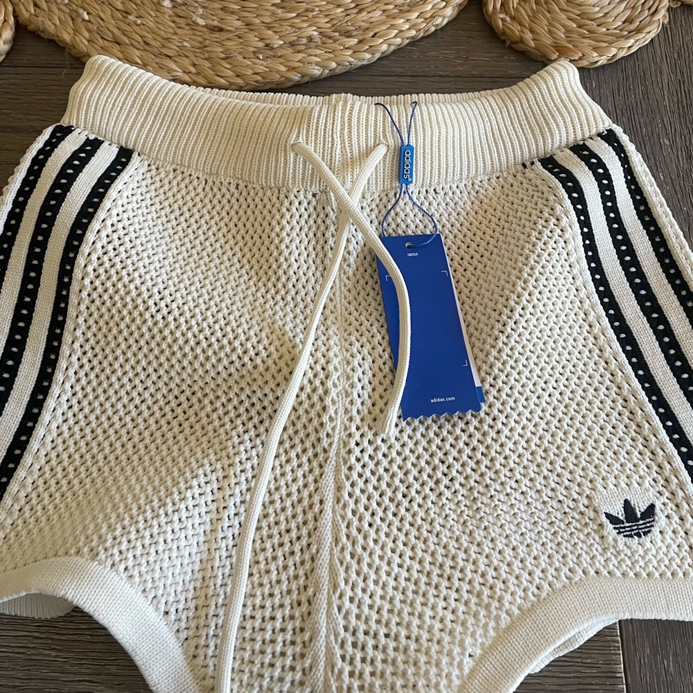 adidas Cream Knit Athletic Shorts with Black Side Stripes